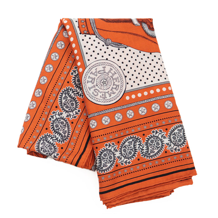 HERMES scarf 70% cashmere, 30% silk Orange Cui White Grey Karegan ZOUAVES ET DRAGONS Women Used Authentic
