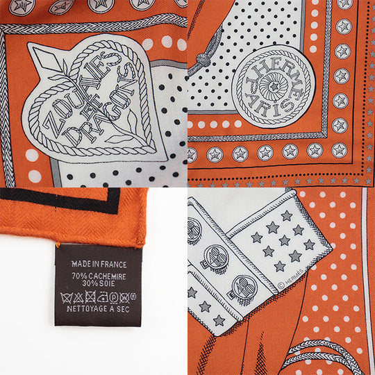 HERMES scarf 70% cashmere, 30% silk Orange Cui White Grey Karegan ZOUAVES ET DRAGONS Women Used Authentic