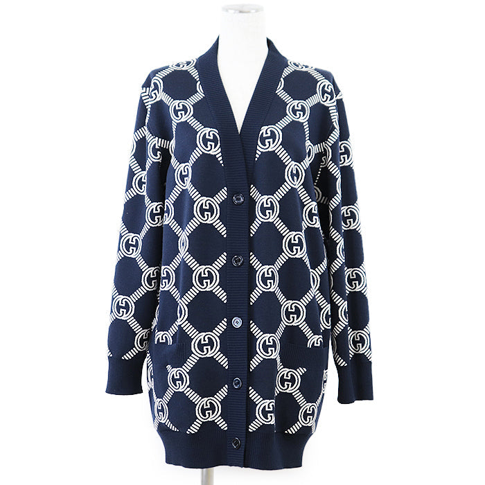 GUCCI knit 692696 XKCB2 4492 96% wool, 3% nylon Navy, Ivory Women M Used Authentic