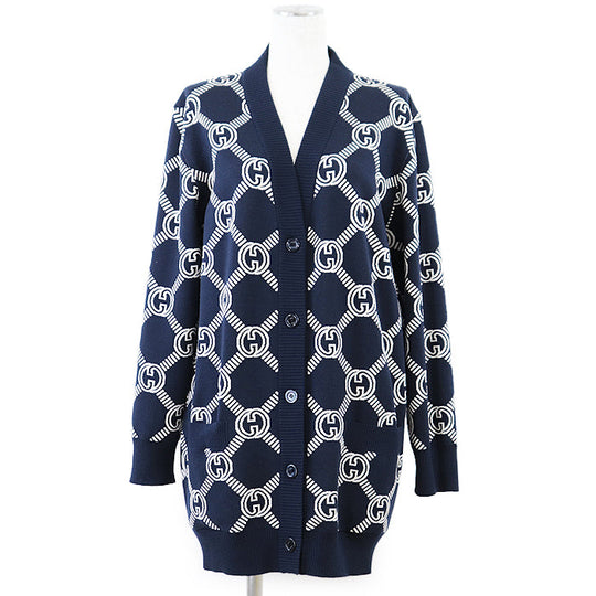 GUCCI knit 692696 XKCB2 4492 96% wool, 3% nylon Navy, Ivory Women M Used Authentic