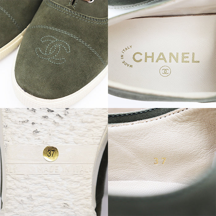 CHANEL sneakers leather olive Women 37 Used Authentic