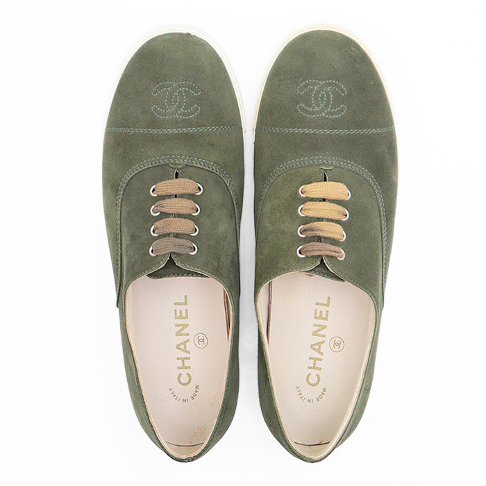 CHANEL sneakers leather olive Women 37 Used Authentic