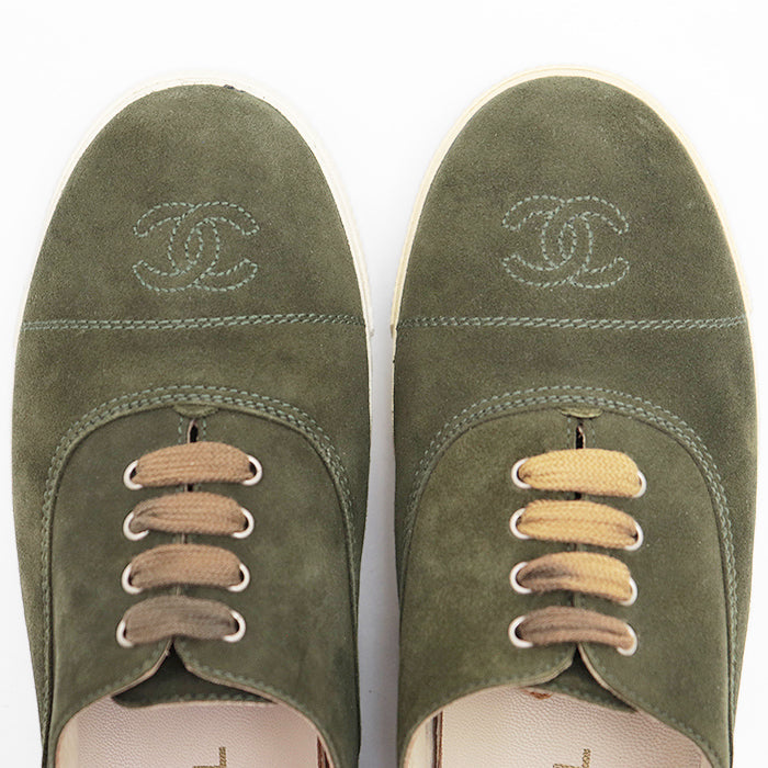 CHANEL sneakers leather olive Women 37 Used Authentic
