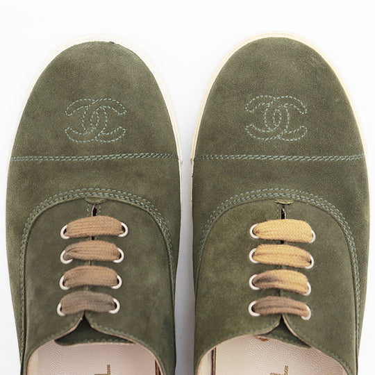 CHANEL sneakers leather olive Women 37 Used Authentic