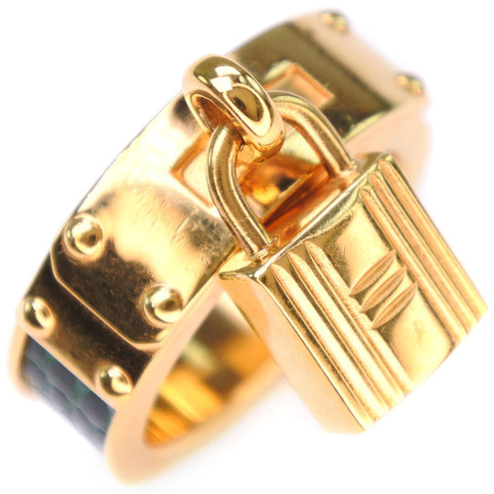 HERMES Scarf ring Leather brass gold Cadena motif Kelly Women Used Authentic