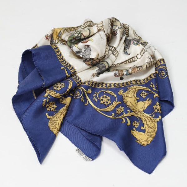 HERMES scarf silk blue La PROMENADE DE LONGCHAMPS Carre90 Carre90 Women Used Authentic
