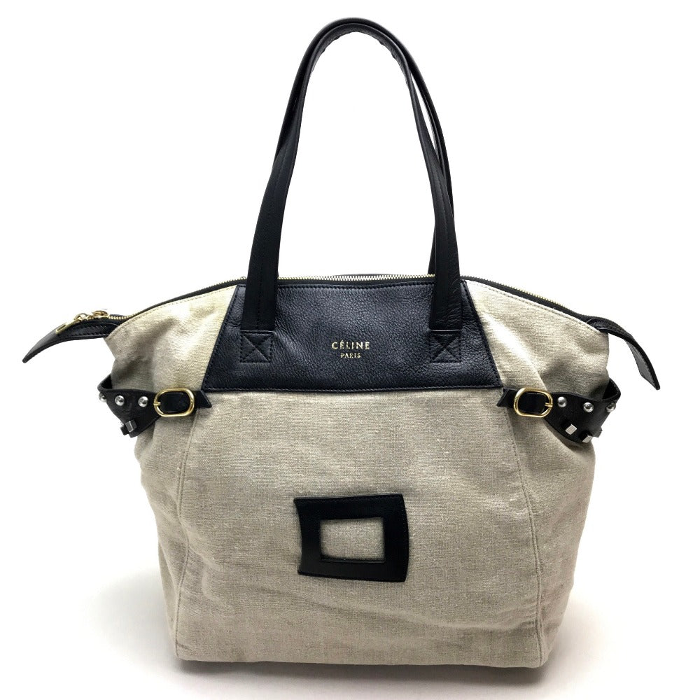 CELINE Tote Bag Linen canvas, leather Beige x black Women Women Used Authentic