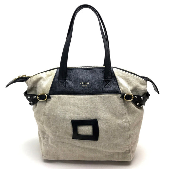 CELINE Tote Bag Linen canvas, leather Beige x black Women Women Used Authentic