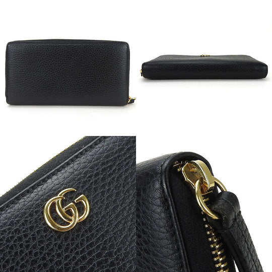 GUCCI Long Wallet Purse 456117 leather black GG Marmont Zip Around Women Used Authentic