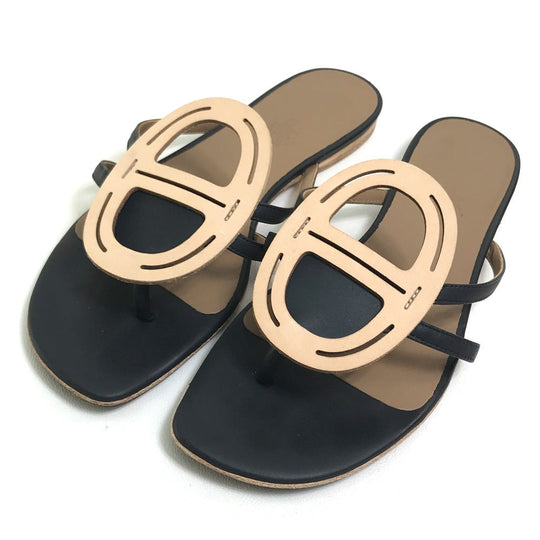 HERMES Sandals leather Beige x black x brown Chene Dunkle Women 37 Used Authentic