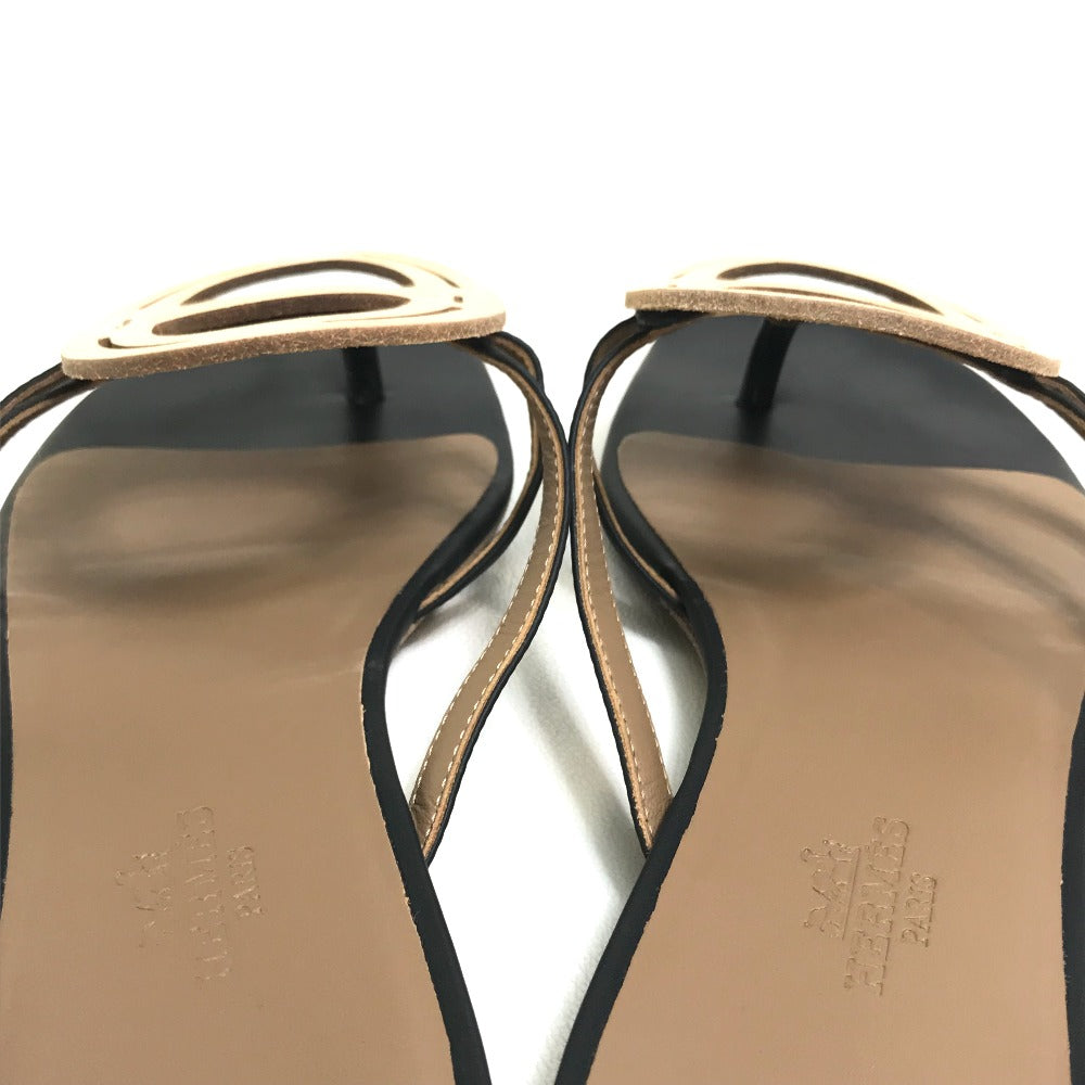 HERMES Sandals leather Beige x black x brown Chene Dunkle Women 37 Used Authentic