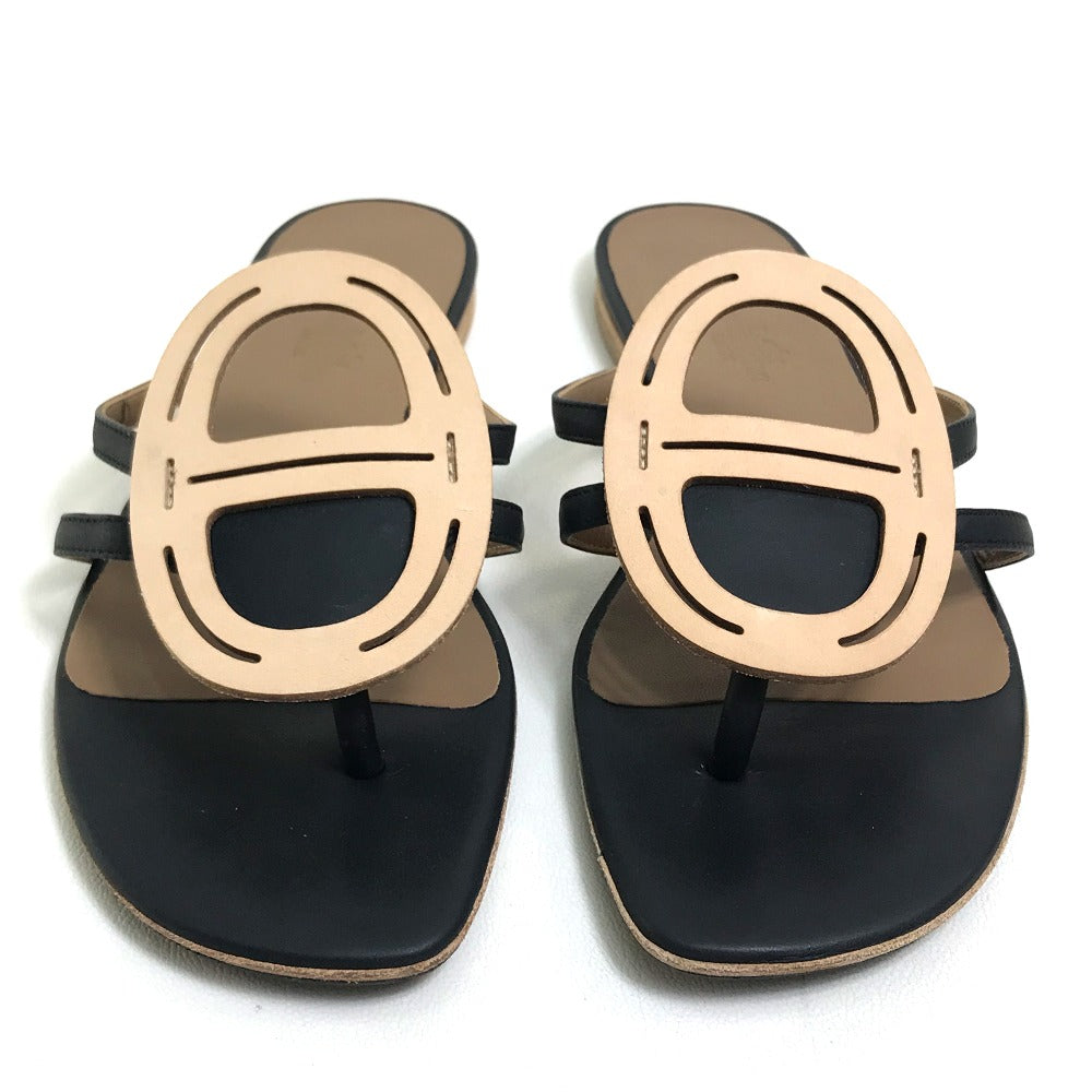 HERMES Sandals leather Beige x black x brown Chene Dunkle Women 37 Used Authentic