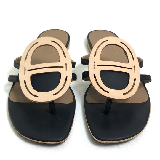 HERMES Sandals leather Beige x black x brown Chene Dunkle Women 37 Used Authentic