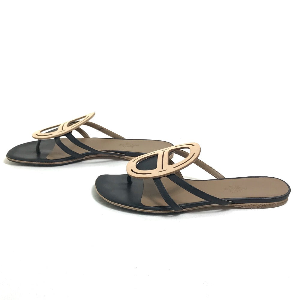 HERMES Sandals leather Beige x black x brown Chene Dunkle Women 37 Used Authentic
