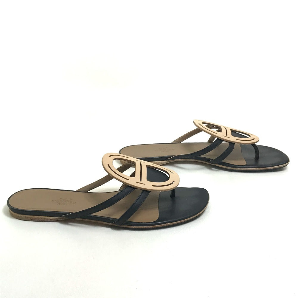 HERMES Sandals leather Beige x black x brown Chene Dunkle Women 37 Used Authentic