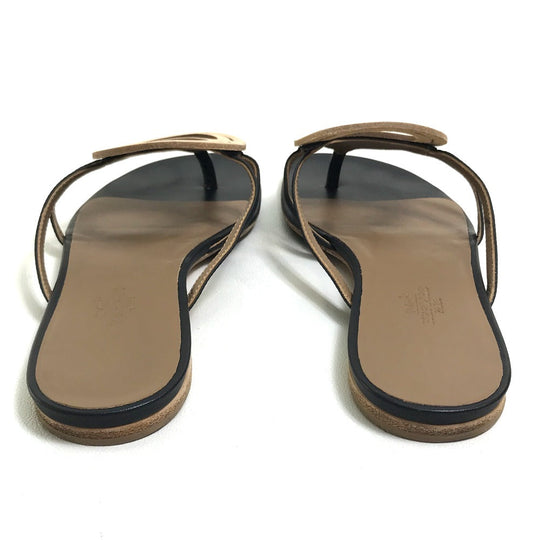 HERMES Sandals leather Beige x black x brown Chene Dunkle Women 37 Used Authentic