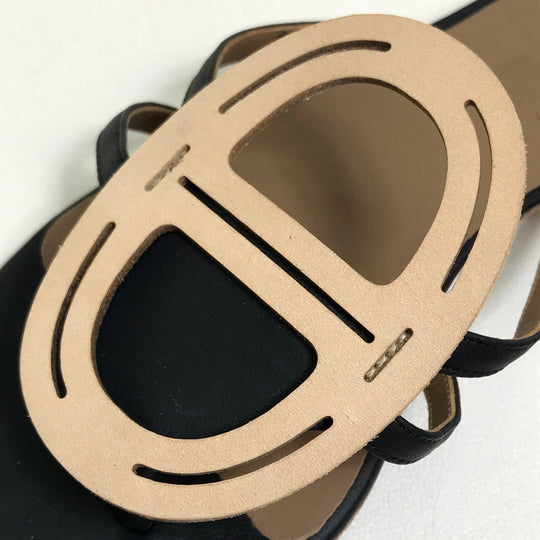 HERMES Sandals leather Beige x black x brown Chene Dunkle Women 37 Used Authentic