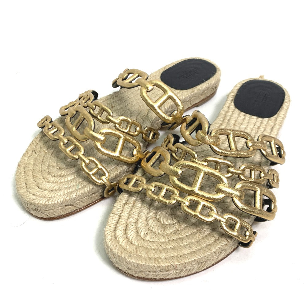 HERMES Sandals leather gold flat Chene Dunkle Ancone Women 36 Used Authentic