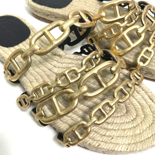 HERMES Sandals leather gold flat Chene Dunkle Ancone Women 36 Used Authentic
