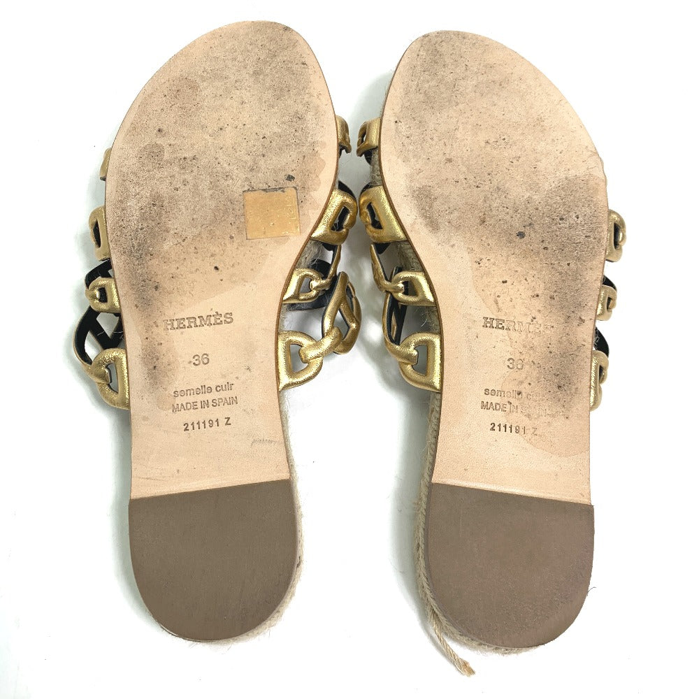 HERMES Sandals leather gold flat Chene Dunkle Ancone Women 36 Used Authentic
