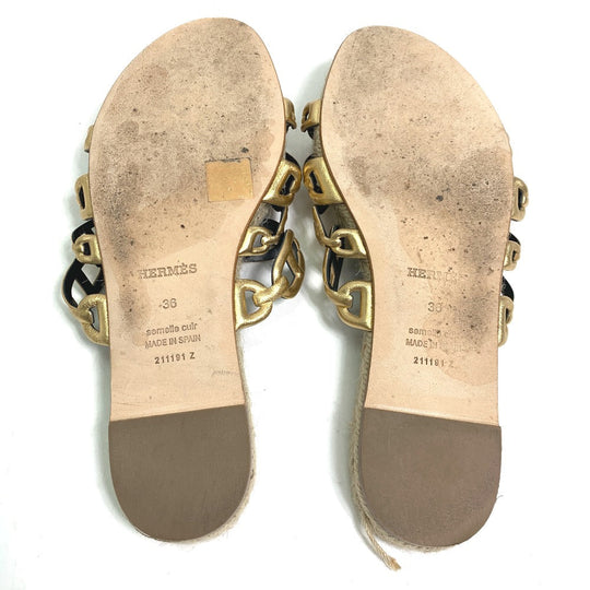HERMES Sandals leather gold flat Chene Dunkle Ancone Women 36 Used Authentic