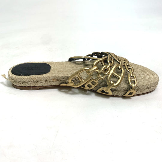 HERMES Sandals leather gold flat Chene Dunkle Ancone Women 36 Used Authentic