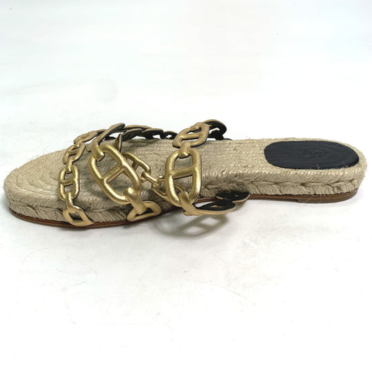 HERMES Sandals leather gold flat Chene Dunkle Ancone Women 36 Used Authentic