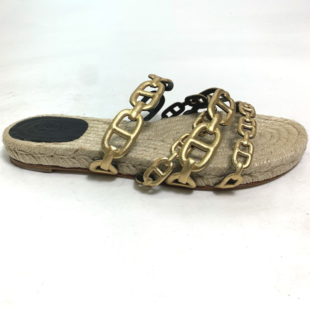 HERMES Sandals leather gold flat Chene Dunkle Ancone Women 36 Used Authentic
