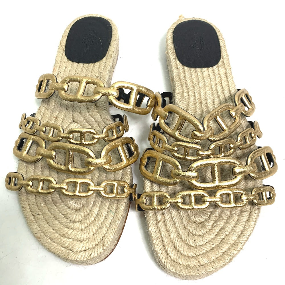 HERMES Sandals leather gold flat Chene Dunkle Ancone Women 36 Used Authentic