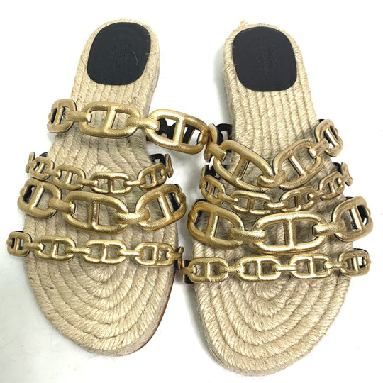 HERMES Sandals leather gold flat Chene Dunkle Ancone Women 36 Used Authentic