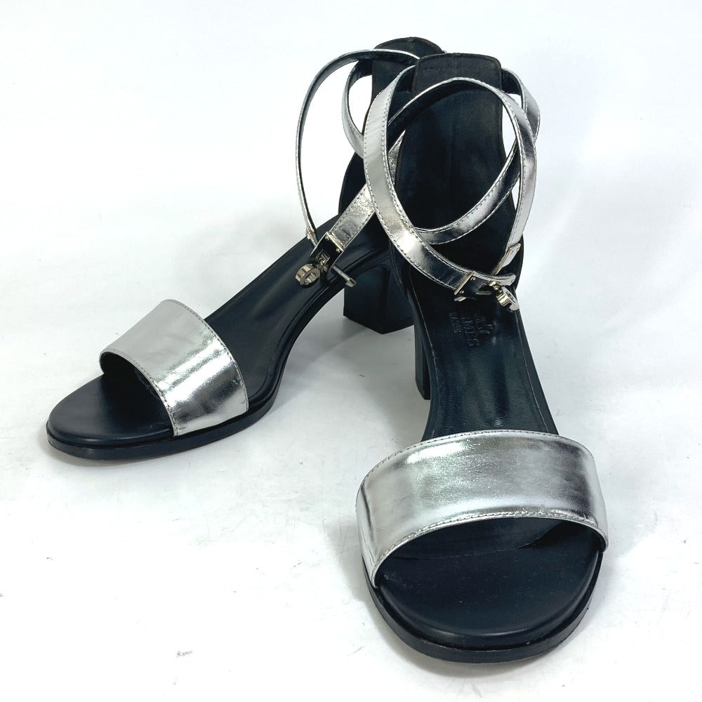 HERMES Sandals leather Silver Two-tone heel shoes Money Women 37 1/2 Used Authentic