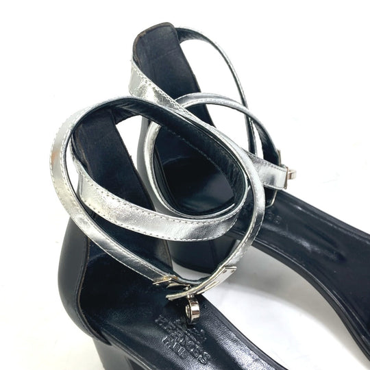 HERMES Sandals leather Silver Two-tone heel shoes Money Women 37 1/2 Used Authentic