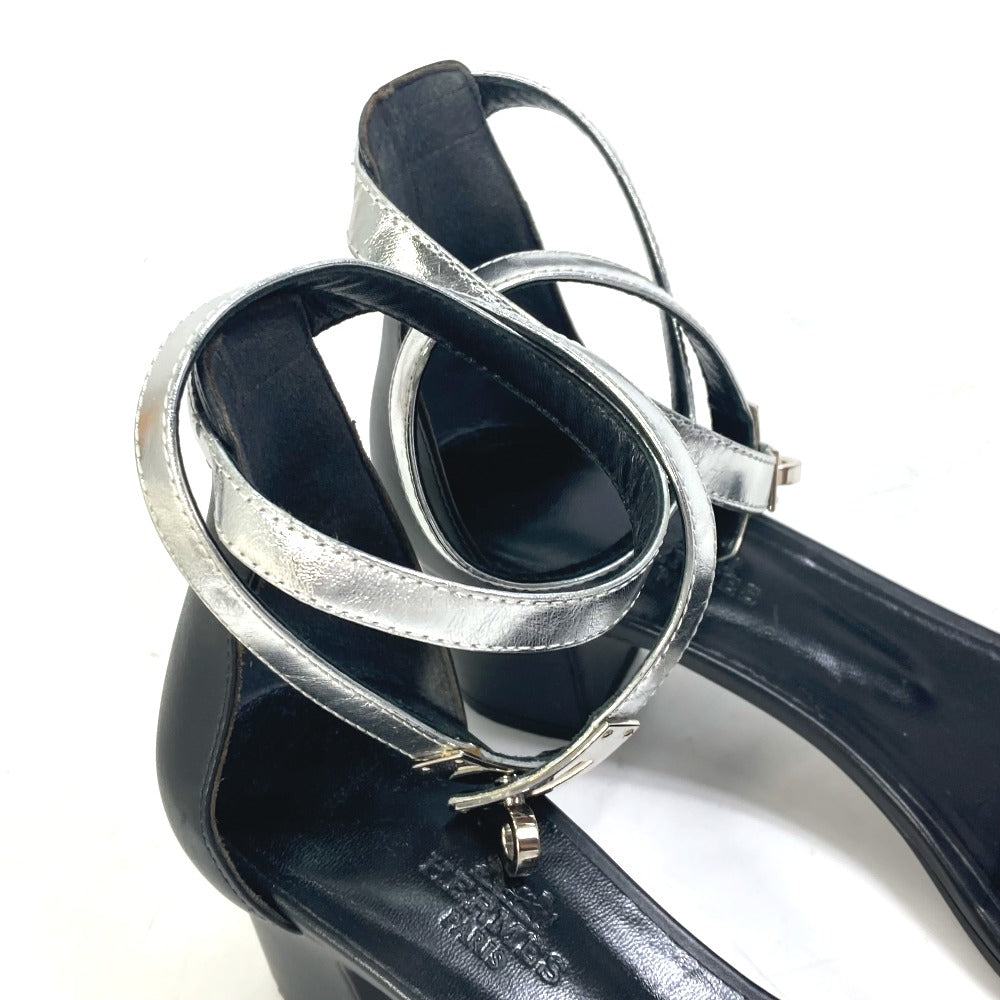 HERMES Sandals leather Silver Two-tone heel shoes Money Women 37 1/2 Used Authentic