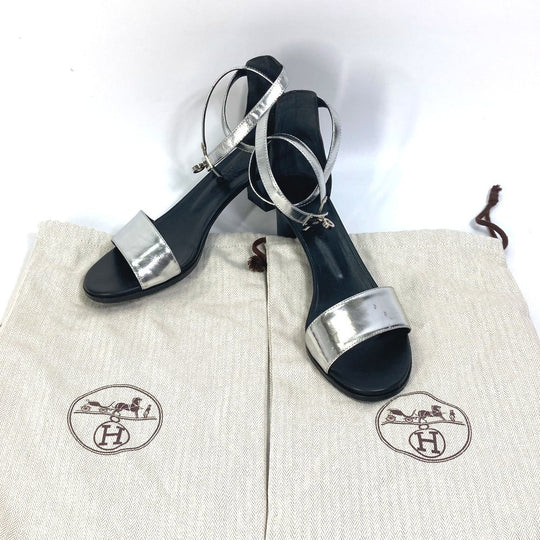 HERMES Sandals leather Silver Two-tone heel shoes Money Women 37 1/2 Used Authentic