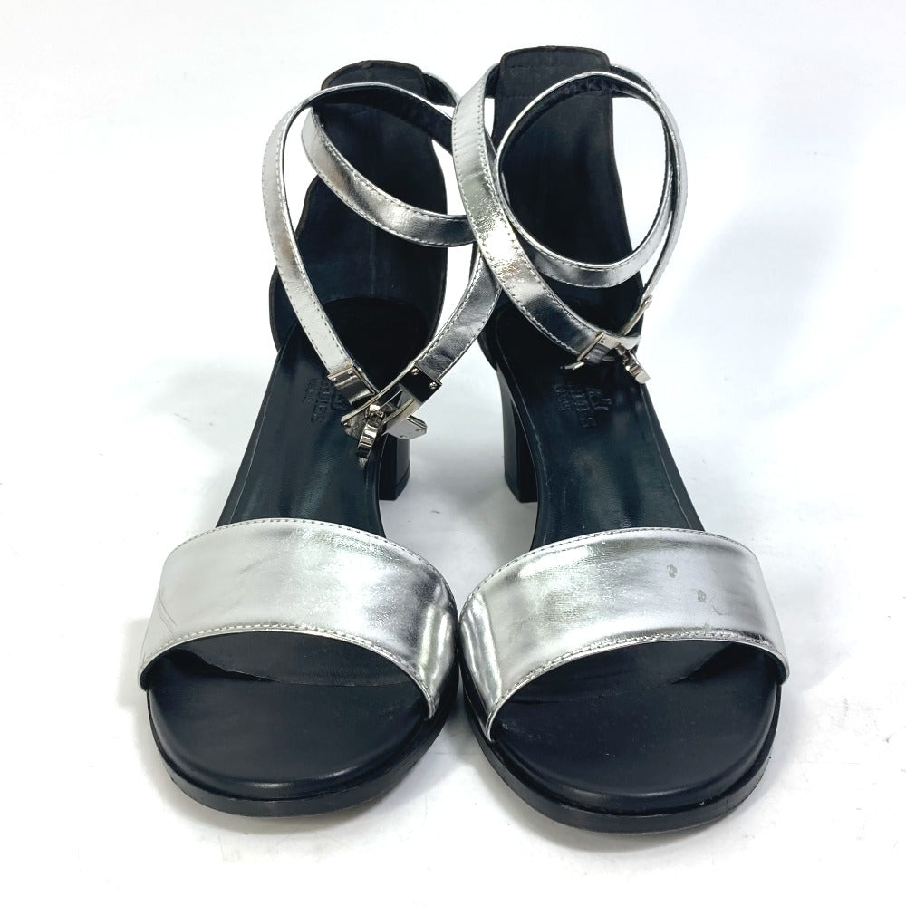 HERMES Sandals leather Silver Two-tone heel shoes Money Women 37 1/2 Used Authentic