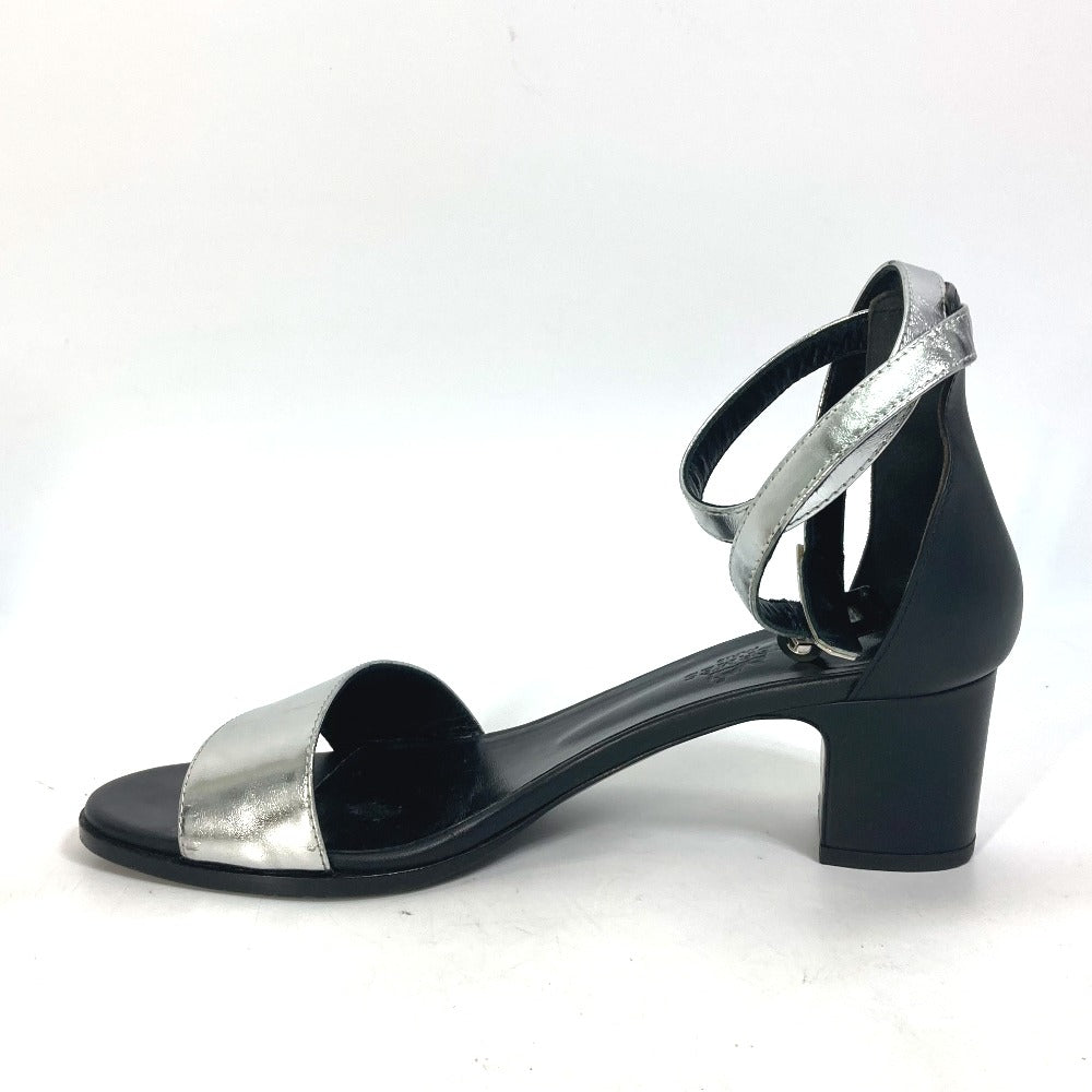 HERMES Sandals leather Silver Two-tone heel shoes Money Women 37 1/2 Used Authentic