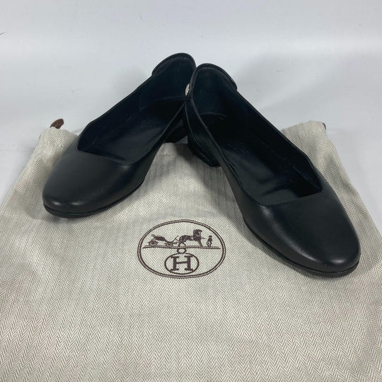 HERMES pumps leather black Serie Metal Flat shoes Women 35 Used Authentic
