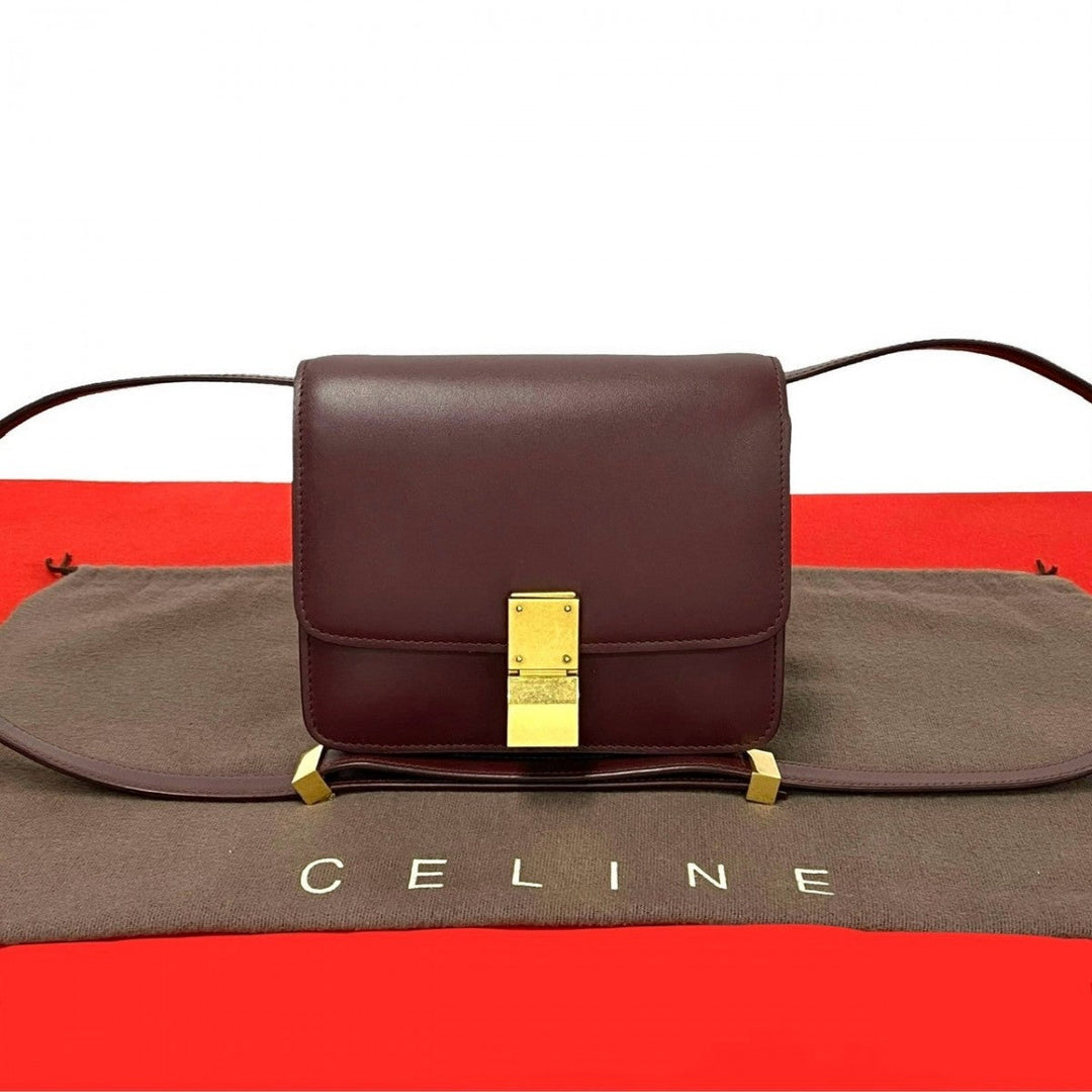 CELINE Shoulder Bag leather wine-red Classic box small