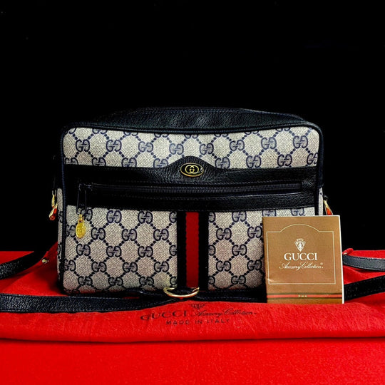 GUCCI Shoulder Bag leather Navy Sherry line