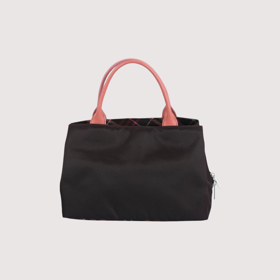 Burberry London Blue Label Handbag Black Pink Plaid Women's Tote Bag Designer Purse