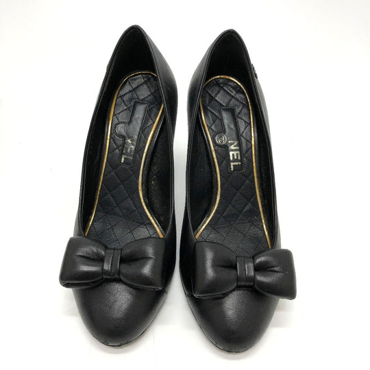 CHANEL pumps leather black CC COCO Mark Ribbon motif 34