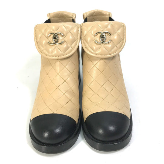 CHANEL boots G45144 lambskin beige 23B Bicolor Shoes Turnlock Matelasse Quilted Side Gore Women 38 Used Authentic