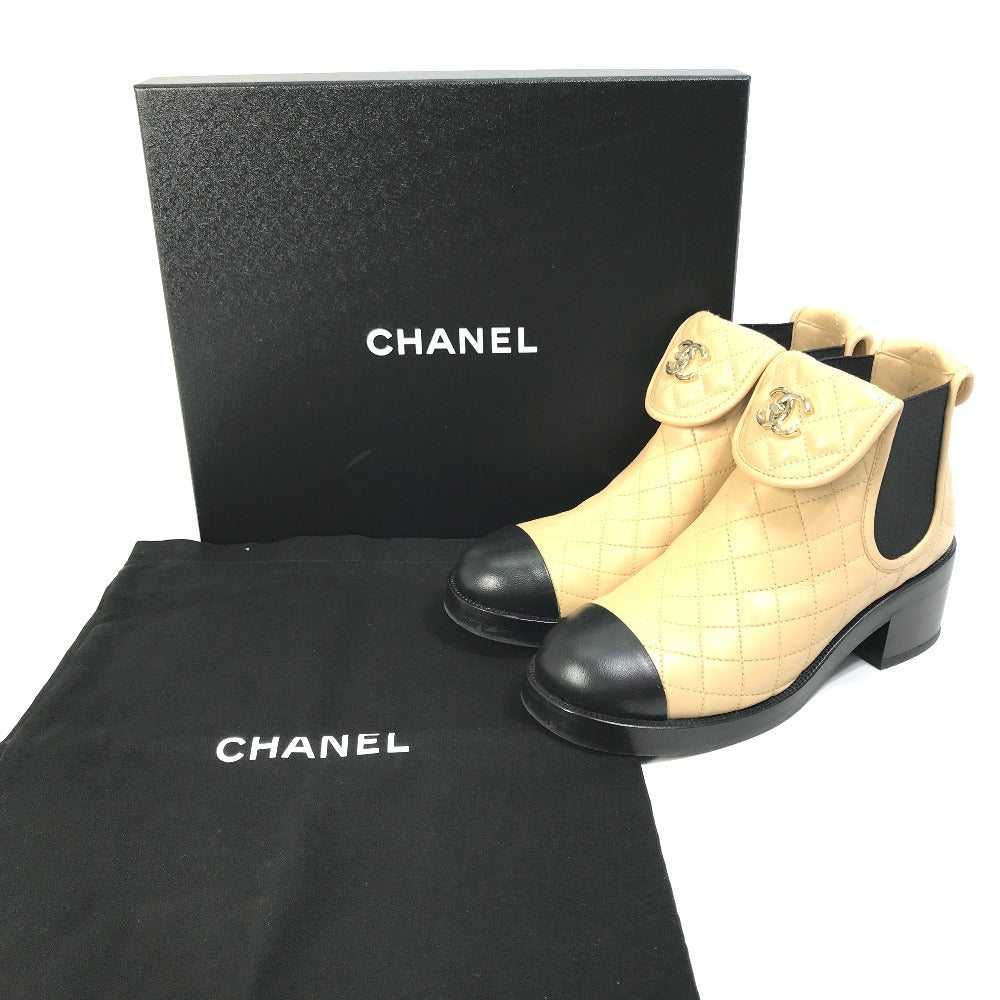 CHANEL boots G45144 lambskin beige 23B Bicolor Shoes Turnlock Matelasse Quilted Side Gore Women 38 Used Authentic