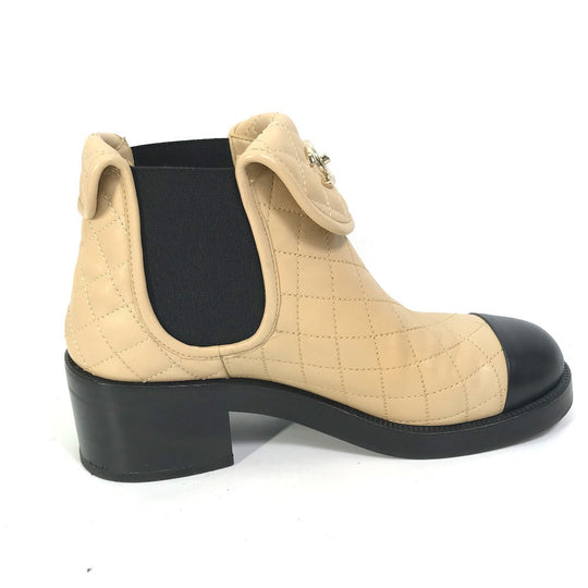 CHANEL boots G45144 lambskin beige 23B Bicolor Shoes Turnlock Matelasse Quilted Side Gore Women 38 Used Authentic