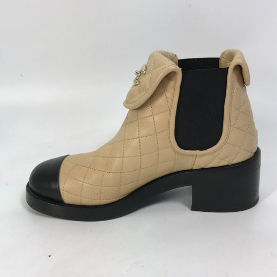 CHANEL boots G45144 lambskin beige 23B Bicolor Shoes Turnlock Matelasse Quilted Side Gore Women 38 Used Authentic