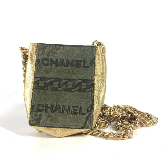 CHANEL Shoulder Bag Leather / Harako khaki bag pochette logo Chain Women Used Authentic