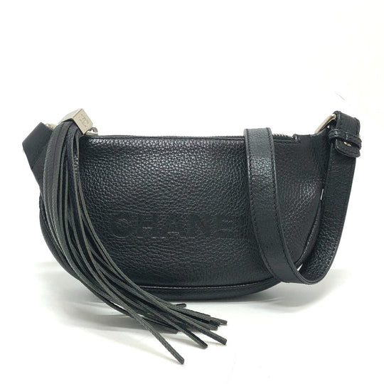 CHANEL Shoulder Bag Calf leather black logo fringe