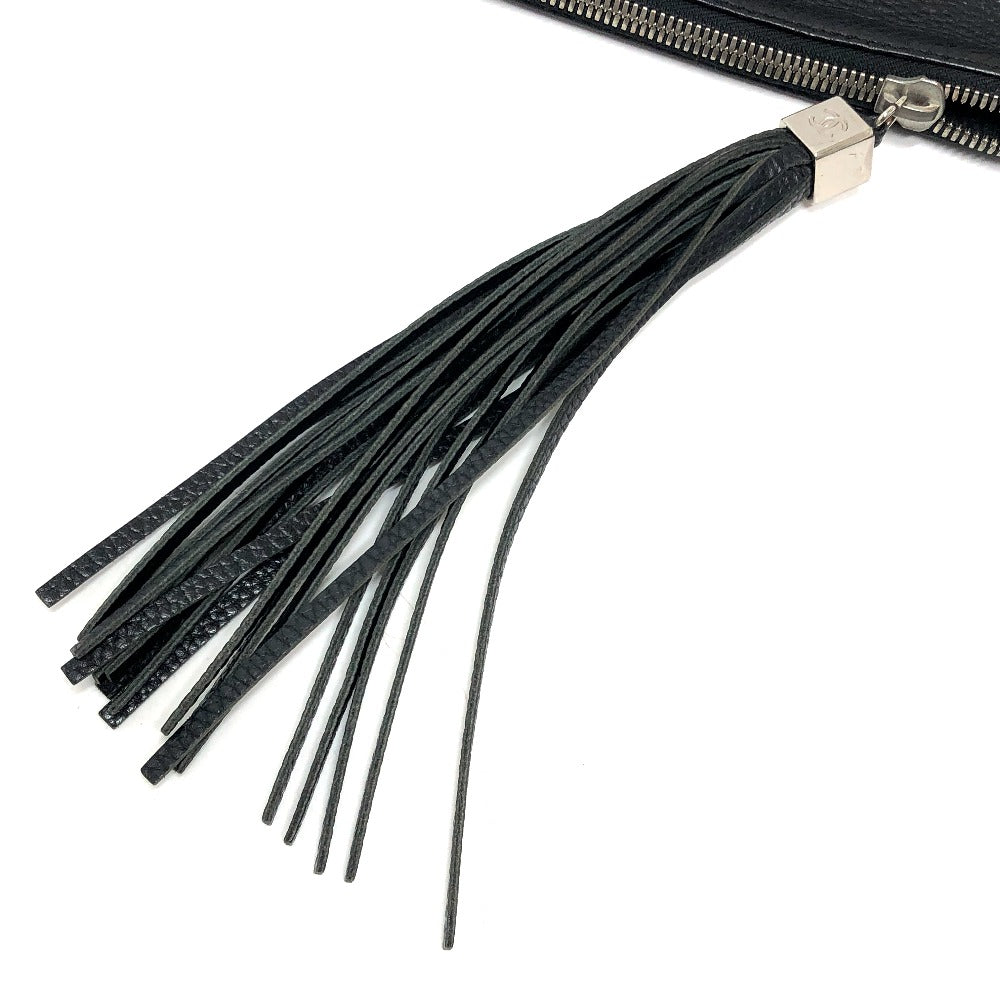 CHANEL Shoulder Bag Calf leather black logo fringe