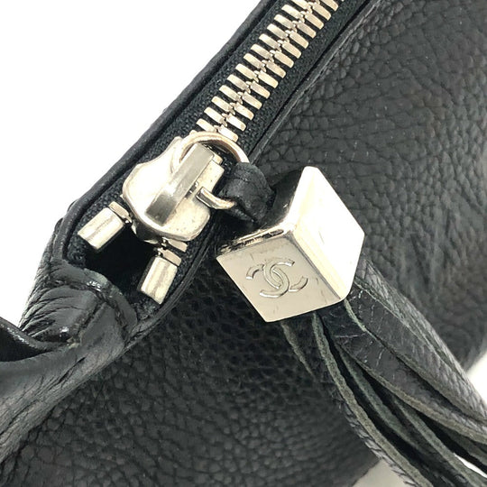 CHANEL Shoulder Bag Calf leather black logo fringe