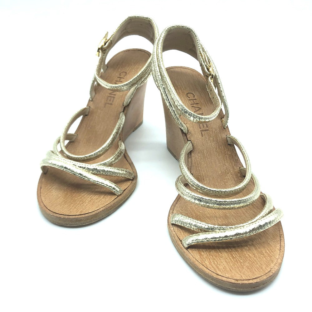 CHANEL Sandals leather Champagne Gold CC COCO Mark Wood sole Women 36 1/2C Used Authentic